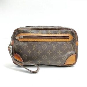 Vintage Louis Vuitton Brown Leather Monogram Clutch Vaschetta Trim and Accents